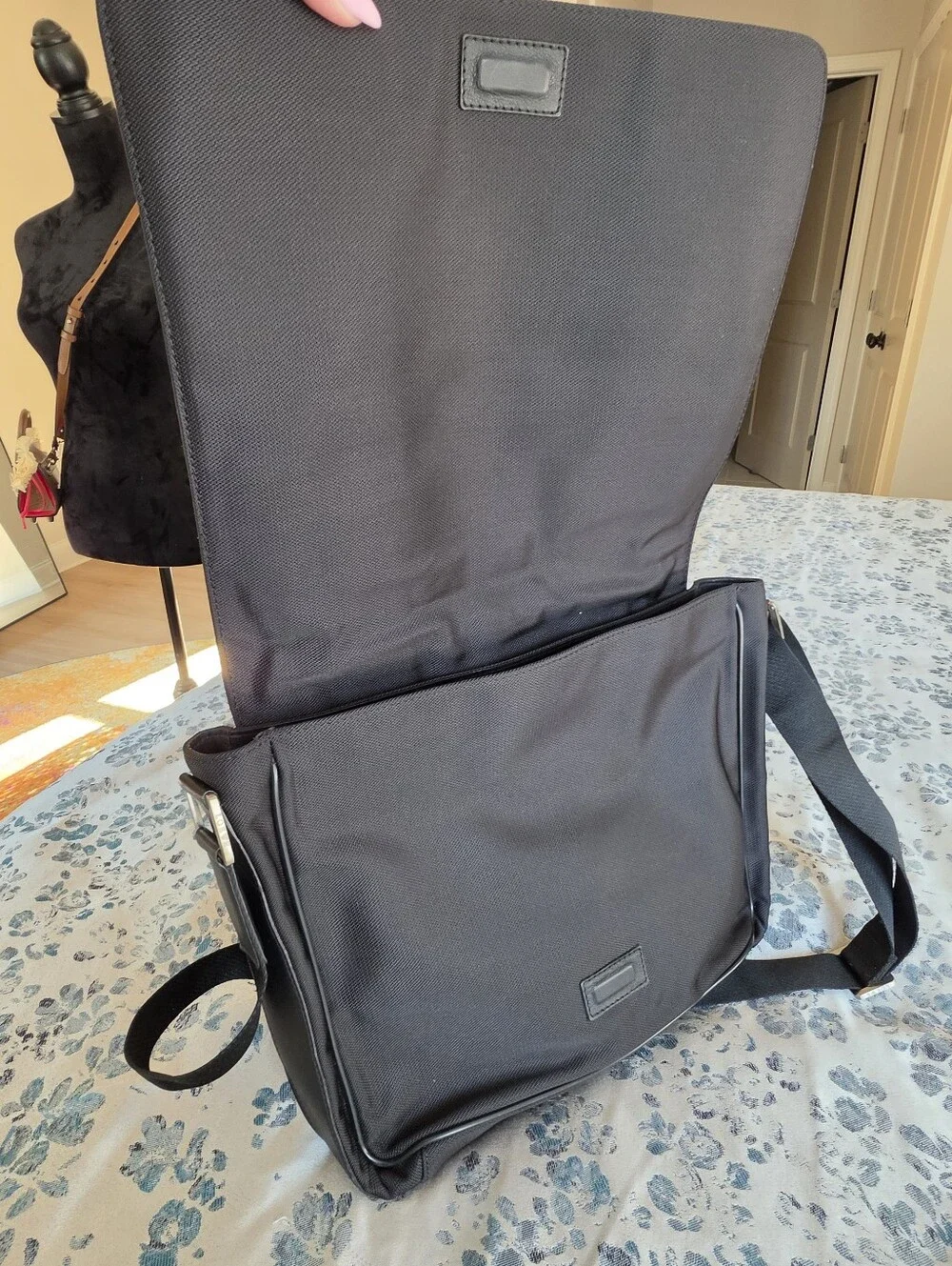 Authentic Loewe Navy-Black Messenger Bag with Leather Trim